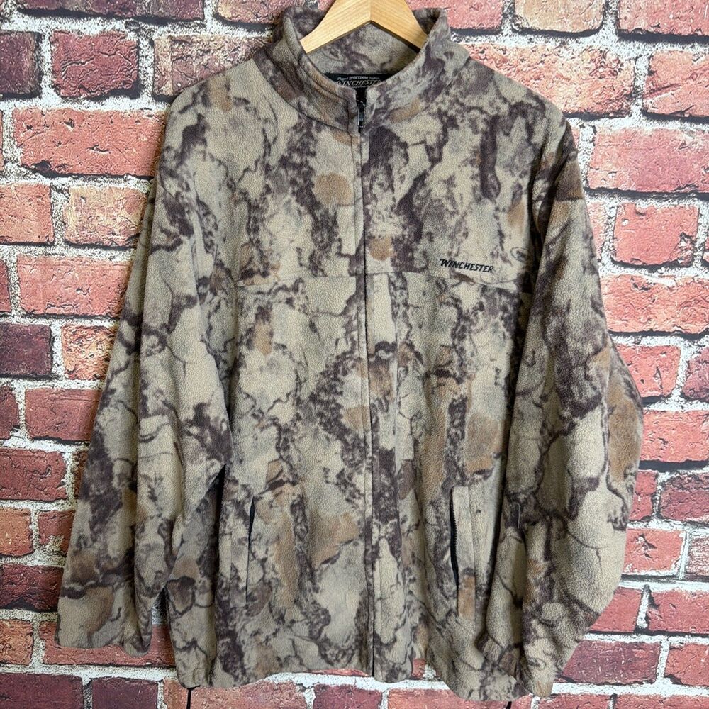 Winchester Mens Fleece Jacket Camo Full Zip Mock Neck Brown Tan XL